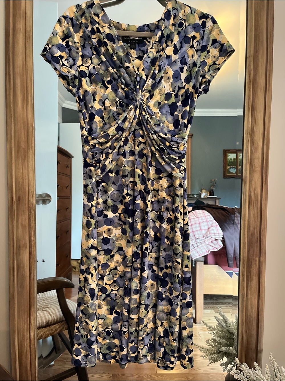 Ruched Waist Polka Dot Midi Dress — Navy & Cream